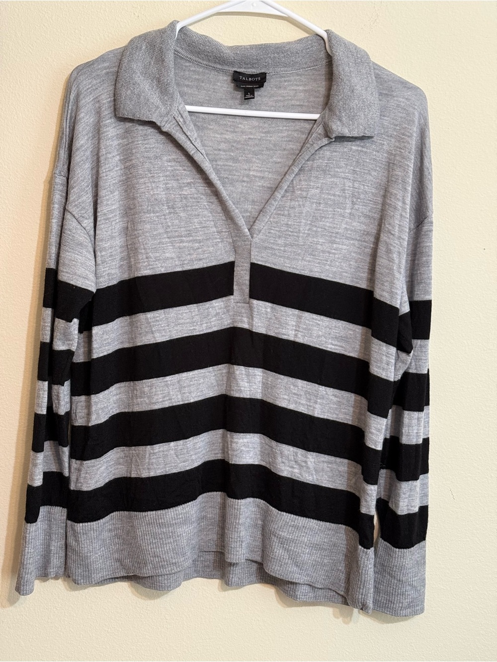 Talbots Gray Black Striped Collared Pullover Long Sleeve L